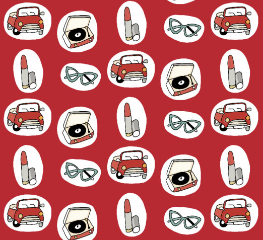 Red Vintage Fabric Classic Cars Mid-century